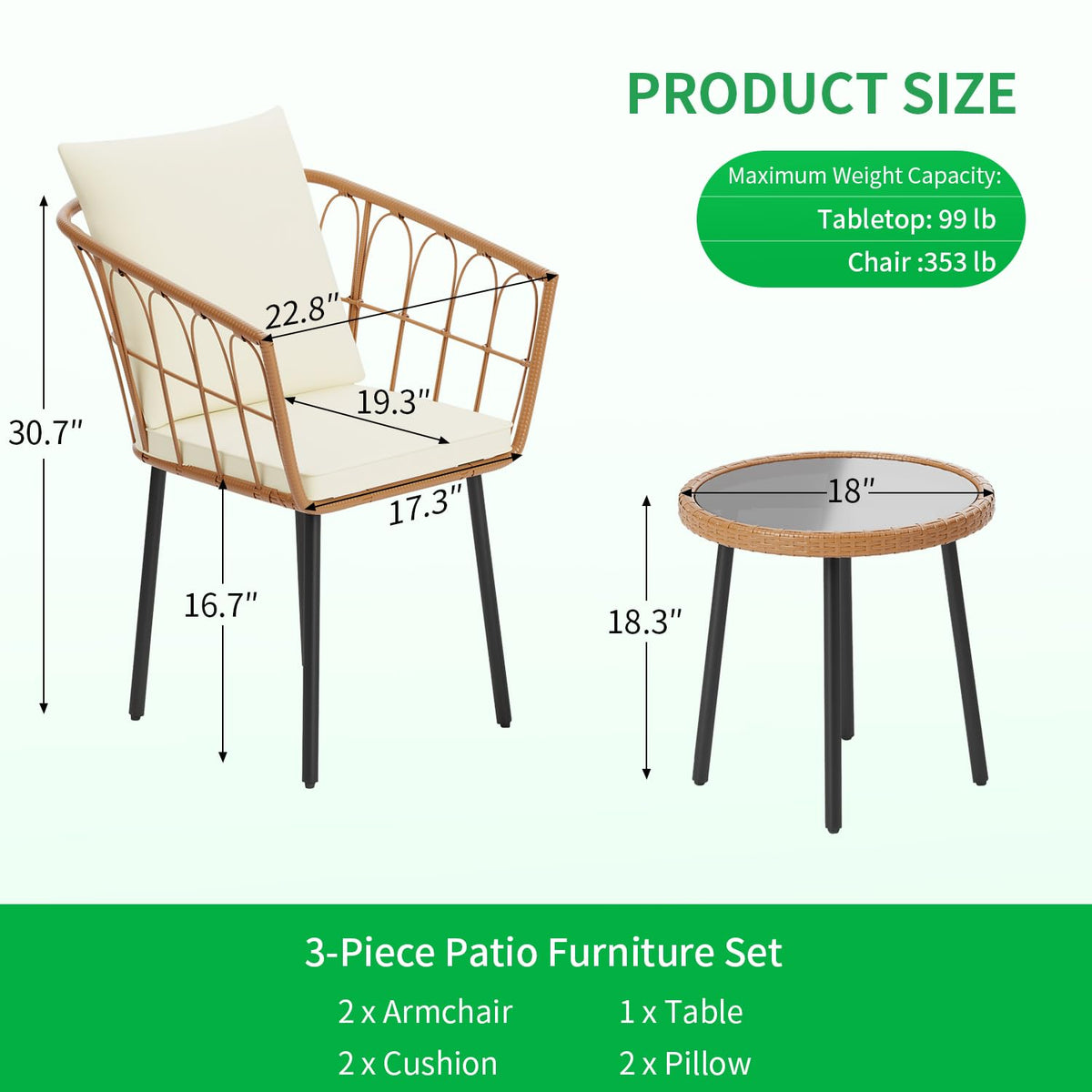 FDW 3 Pieces Patio Furniture Set, Patio Furniture Natural Rattan Patio Chairs Set with Coffee Table Cushion for Patio Porch Backyard Poolside Gardent, Beige