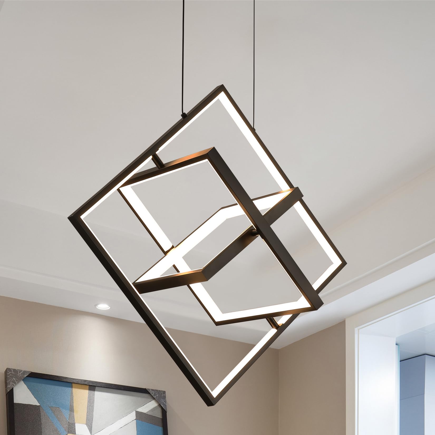 Fang Yan Mei Modern LED Black Square Chandelier Geometric Chandeliers LED Dimmable Hanging Pendant Light Contemporary Creative DIY Height Adjustable Lighting for Entryway Dining Room 3000-6000k
