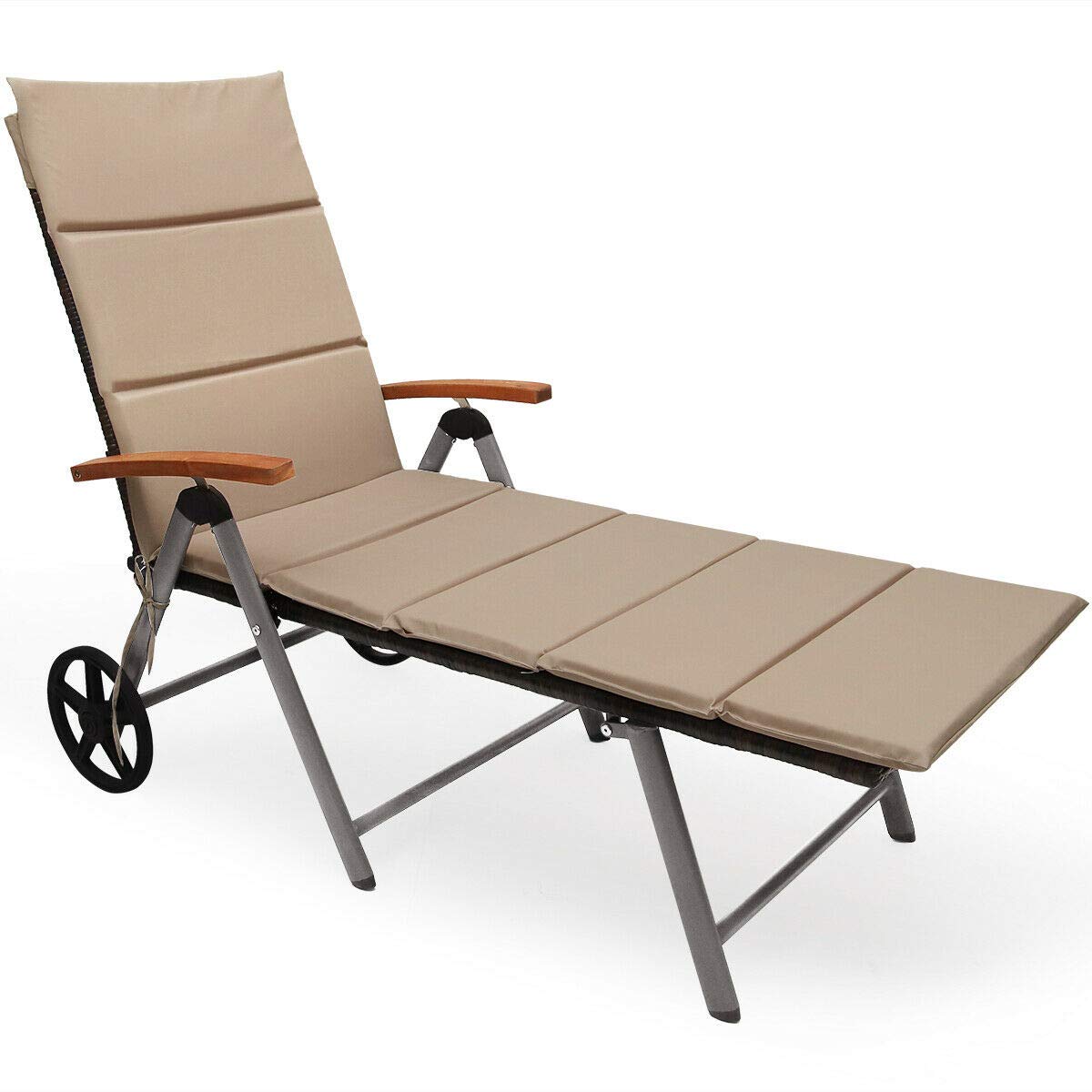 Outdoor Chaise Lounge with 2 Wheels for Easy Movement Folding Recliner 7 Adjustable Position Rattan Lounge Chair Heavy Duty Aluminum Tube Construction Perfect for Patio Garden Beach Pool Side Using