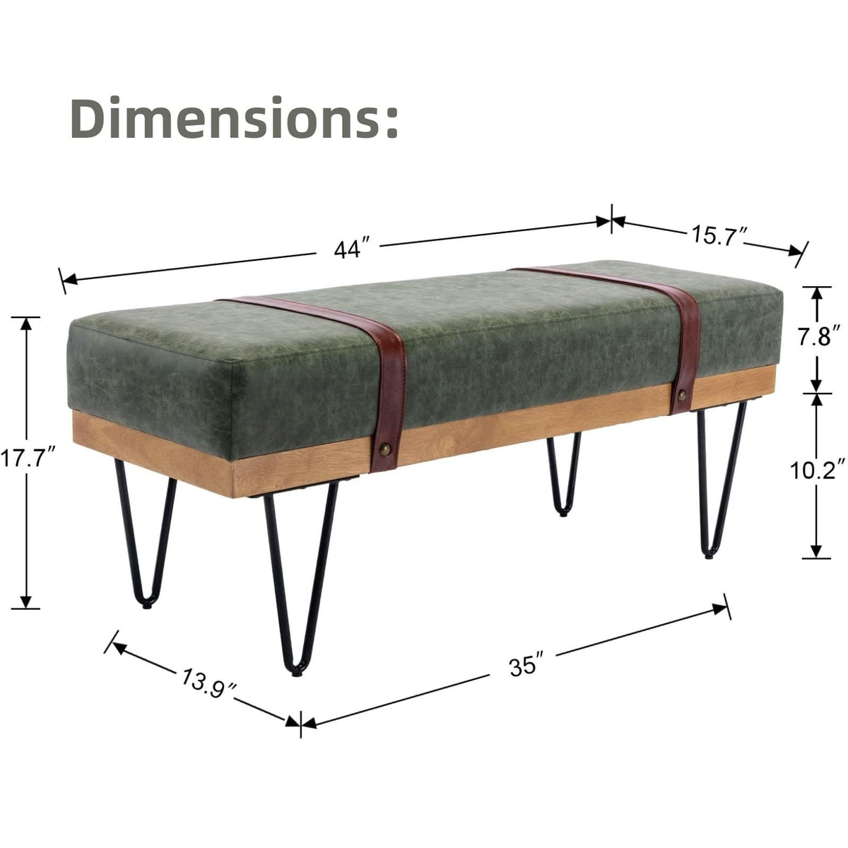 LukeAlon 44" Green PU Leather Ottoman Bench, Modern Upholstered Storage with Industrial Hairpin Legs for Entryway, Bedroom & Living Room Christmas Green