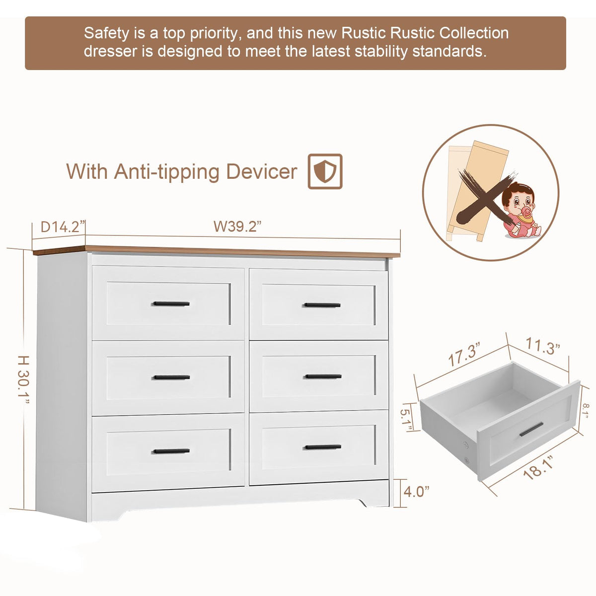 GEPELCN Farmhouse Dresser for Bedroom 6 Drawers Dresser with Power Outlets Rustic Chest of Drawers with Natural Texture White Organizer for Living Room Hallway