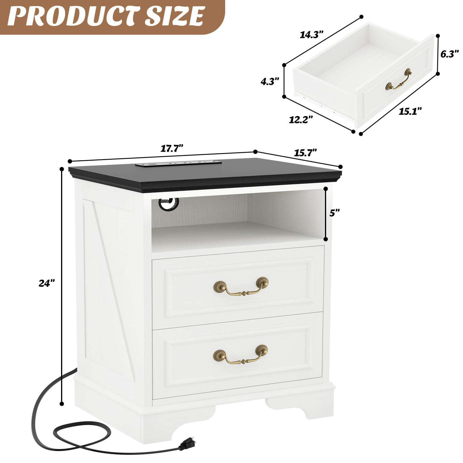 Unikito Farmhouse Nightstand with Charging Station, Bedside Table with 2 Large Drawers & Vintage Handles, Side Table with Open Storage for Bedroom (Antique White)