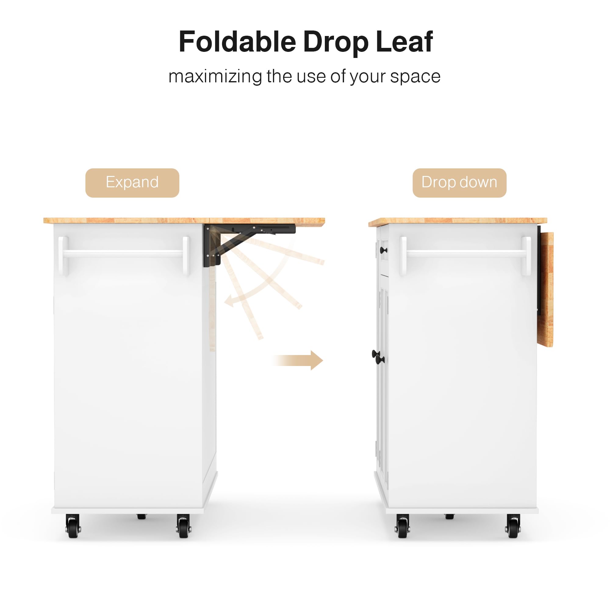 Kitchen Island with Drop Leaf, Storage Cabinet & Drawer