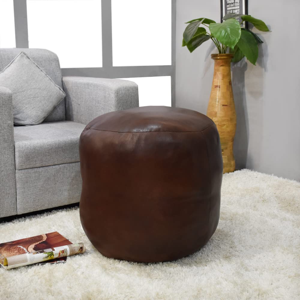 Round Brown Leather Pouf