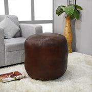 Round Brown Leather Pouf