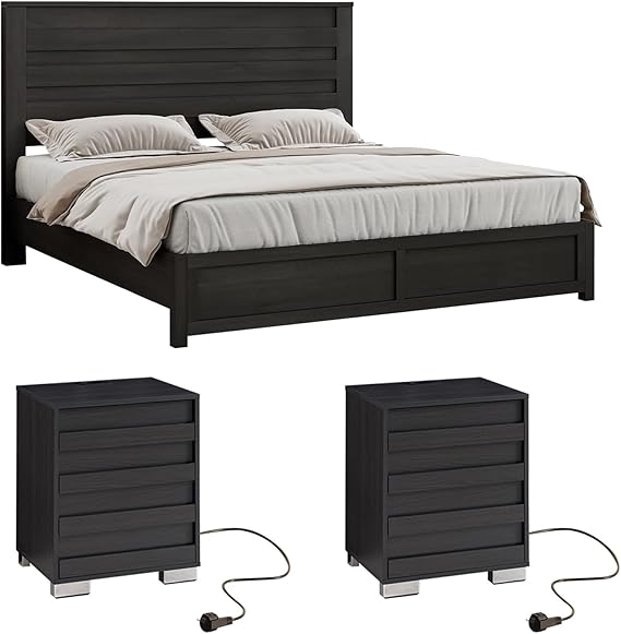 Farmhouse Platform Bed Frame & Nightstand Set of 2 with Charging Station
