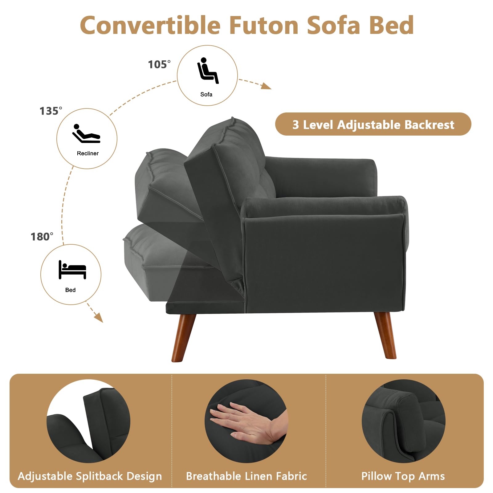 Gleariae 75" Convertible Futon Sofa Bed, Sleeper Couch Bed with Adjustable Backrest, Small Couches for Small Spaces, Living Room, Bedroom and Office (Dark Gray)