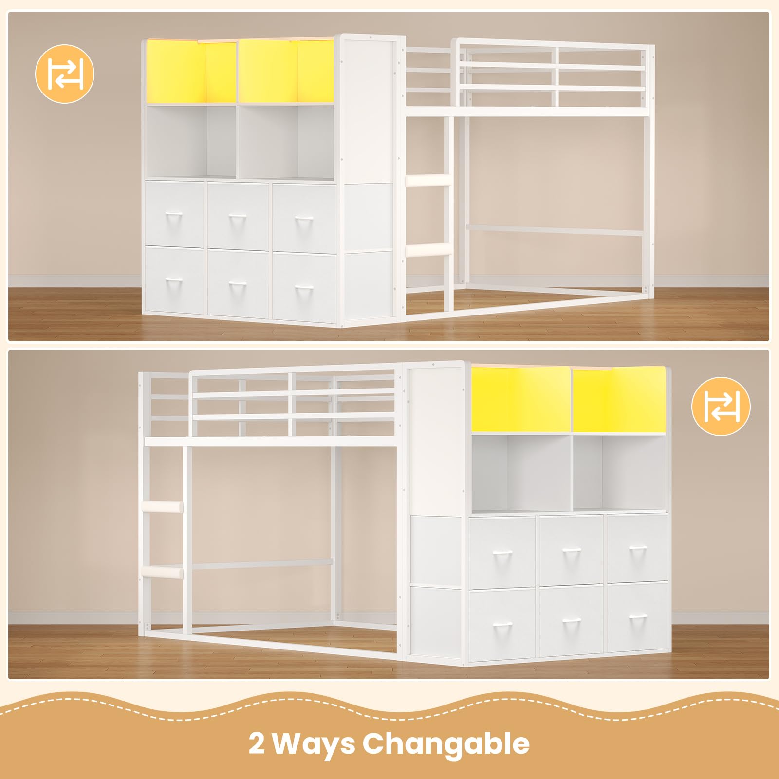 Twin Over Twin Bunk Bed with Storage & LED Lights