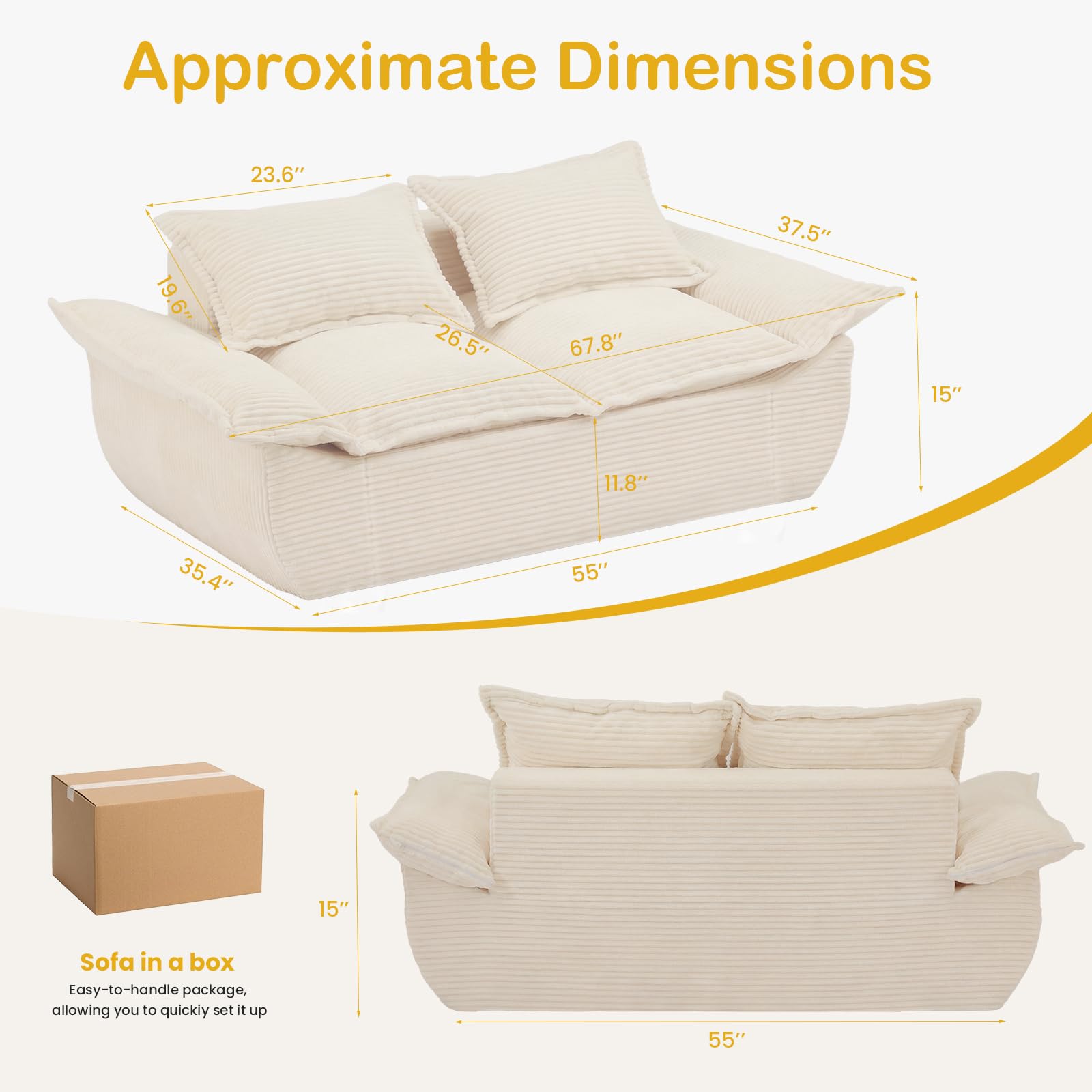 AOLVDOW Boneless Loveseat 56", 2-Seater Beige Boneless Sofa with Removable Cushions & 2 Pillows, Small Boneless Couch Compress Foam Sofa for Living Room, Apartments, & Office