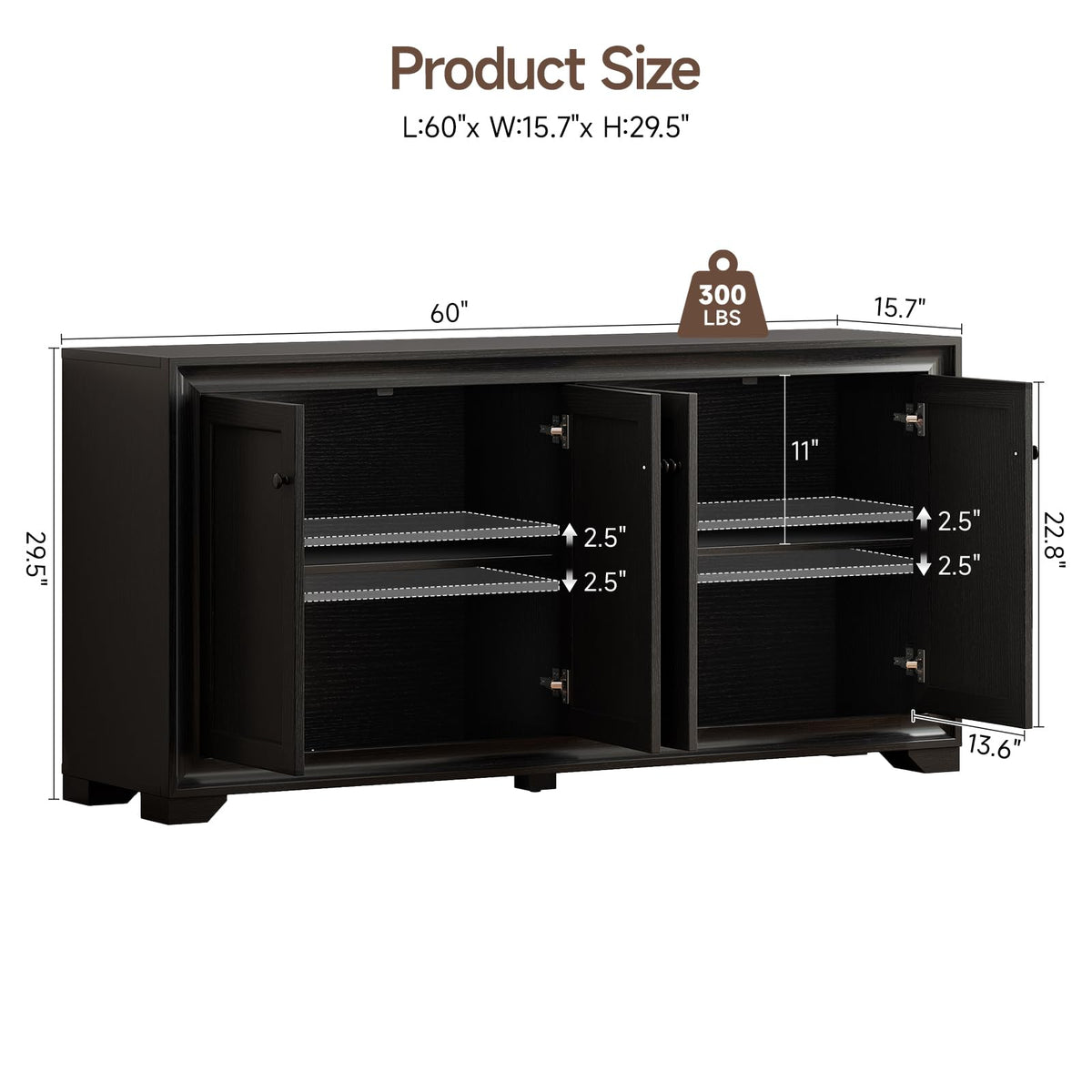 Comfycorner 60" Buffet Cabinet with Storage, Sideboard Buffet Table Black