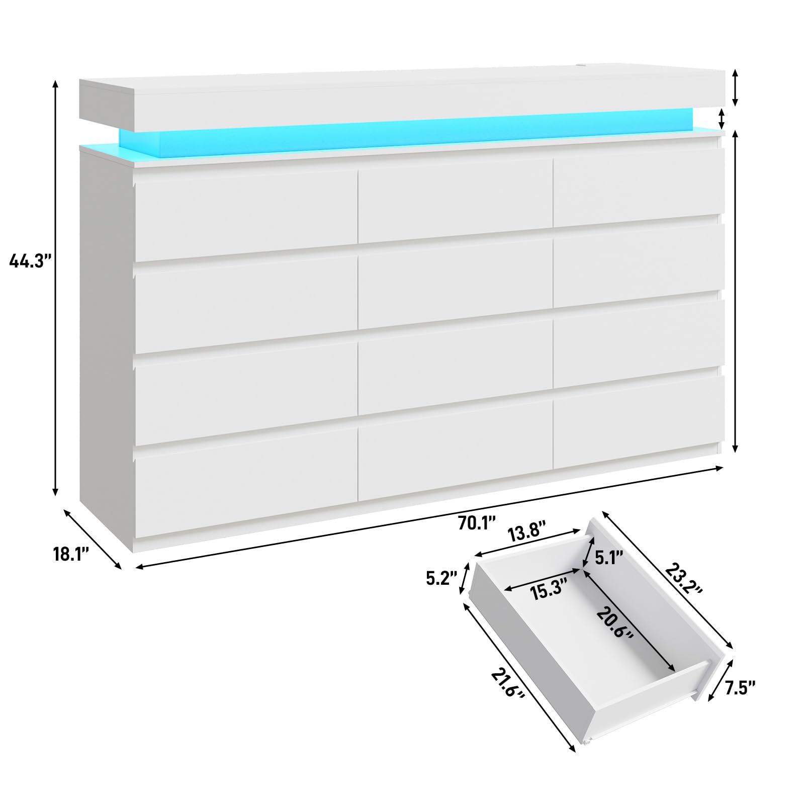 chartustriable 12 Drawer Dresser for Bedroom, 70" Wide 44" Tall Dresser with LED Light & Charging Station, Modern Chest of Drawers for Closet, Living Room, Entryway, Hallway (White, 12 Drawers)
