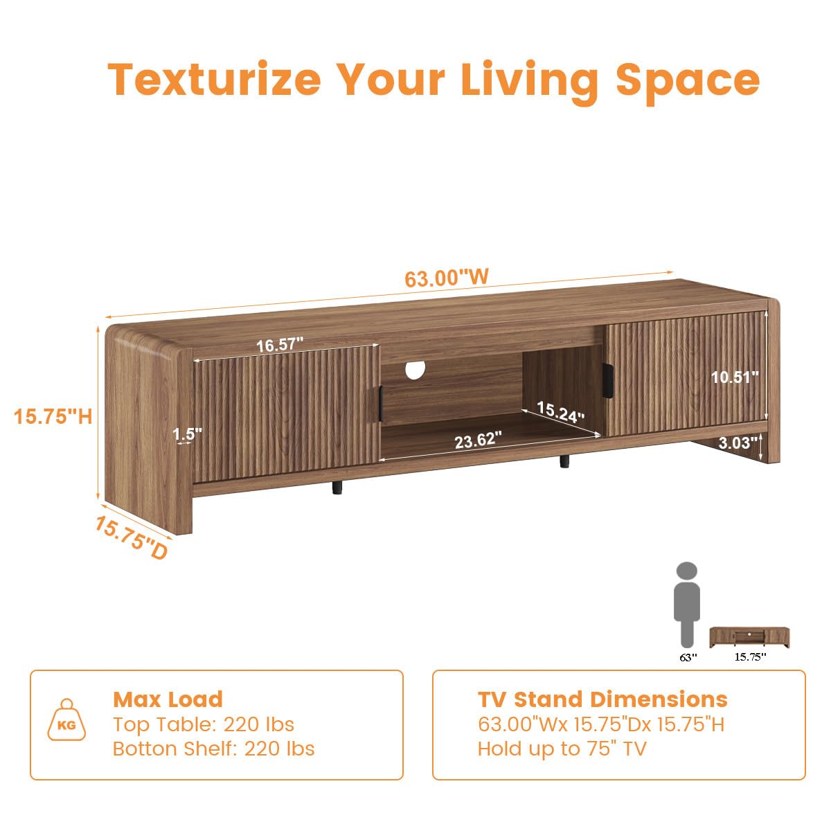 FATORRI TV Stand for 75/65/55 Inch TVs, Farmhouse Entertainment Center with Storage, Wood Waveform Fluted-Door Television Media Console for Living Room,Bedroom (63" W, Walnut)