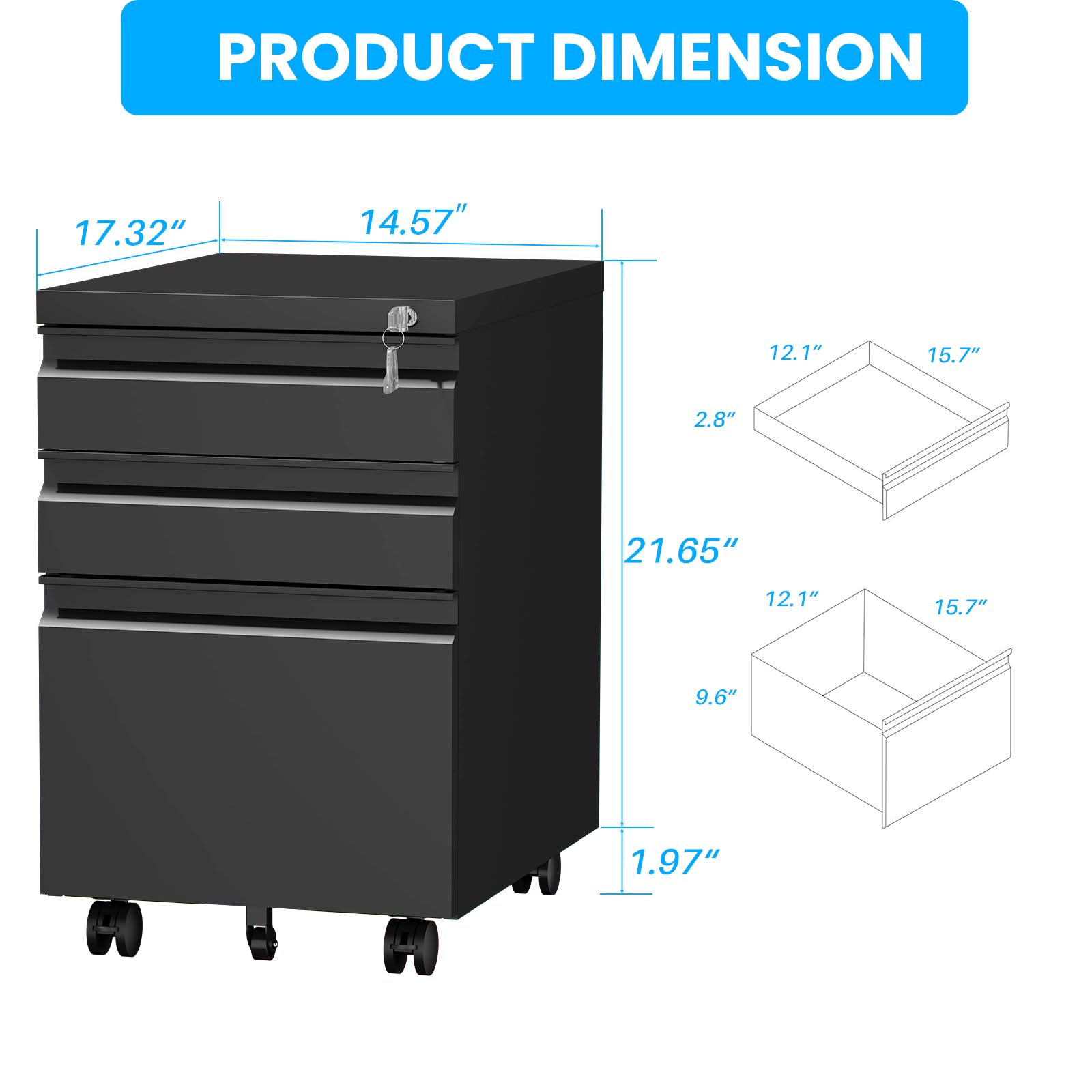 3-Drawer Mobile Metal File Cabinet with Lock