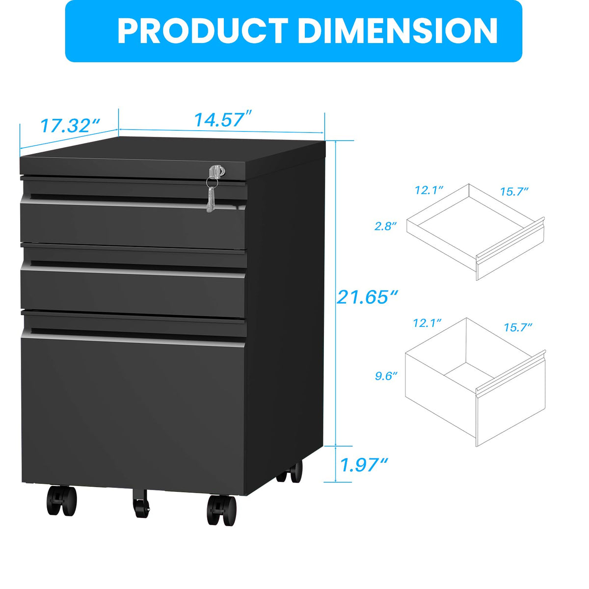 HOMOFFICE 3-Drawer Mobile Steel Filing Cabinet with Lock, Fully Assembled Under Desk File Cabinet for Letter/Legal/A4 Size, Heavy Duty Storage Organizer for Home Office