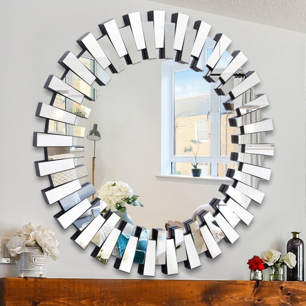 Round Sunburst Wall Mirror with Beveled Glass Frame