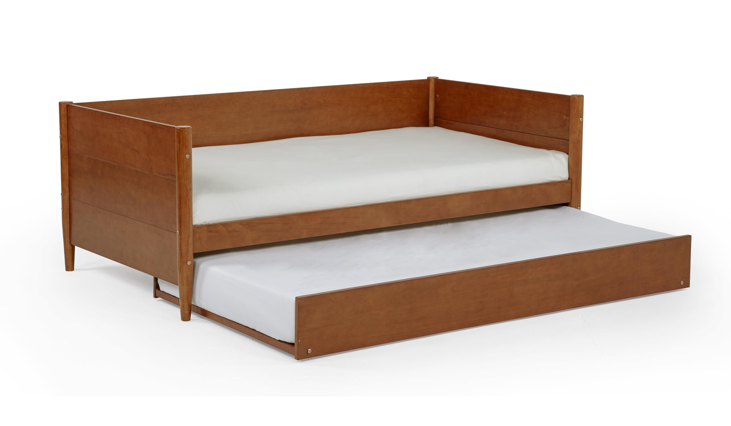 Camaflexi Mid-Century Modern Daybed & Trundle/Solid and Manufactured Wood/Panel Headboard/No Box Spring Needed/Foundation has 14 Wood Slats/Twin Trundle/Easy Assembly, Castanho Finish, Twin.