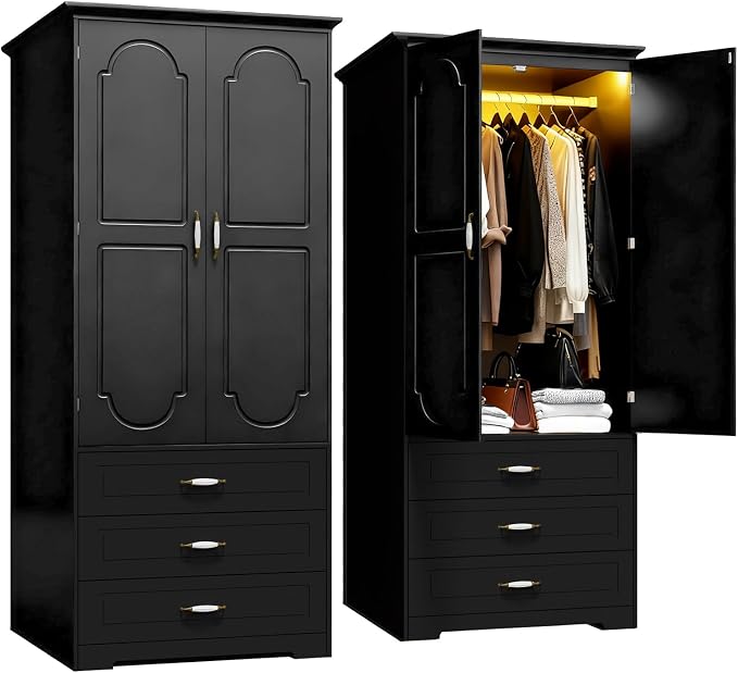 White LED Wardrobe with 3 Drawers