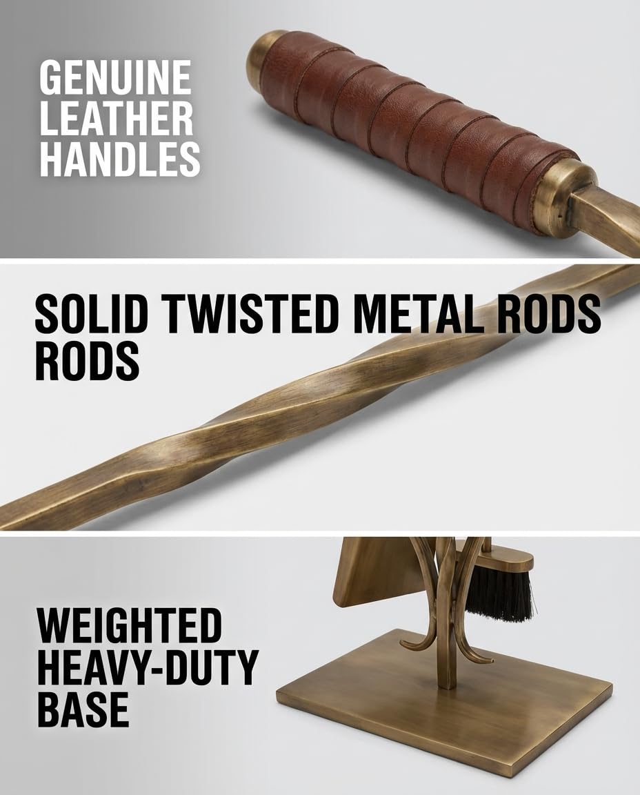 5-Piece Wrought Iron Fireplace Tool Set with Leather Handles