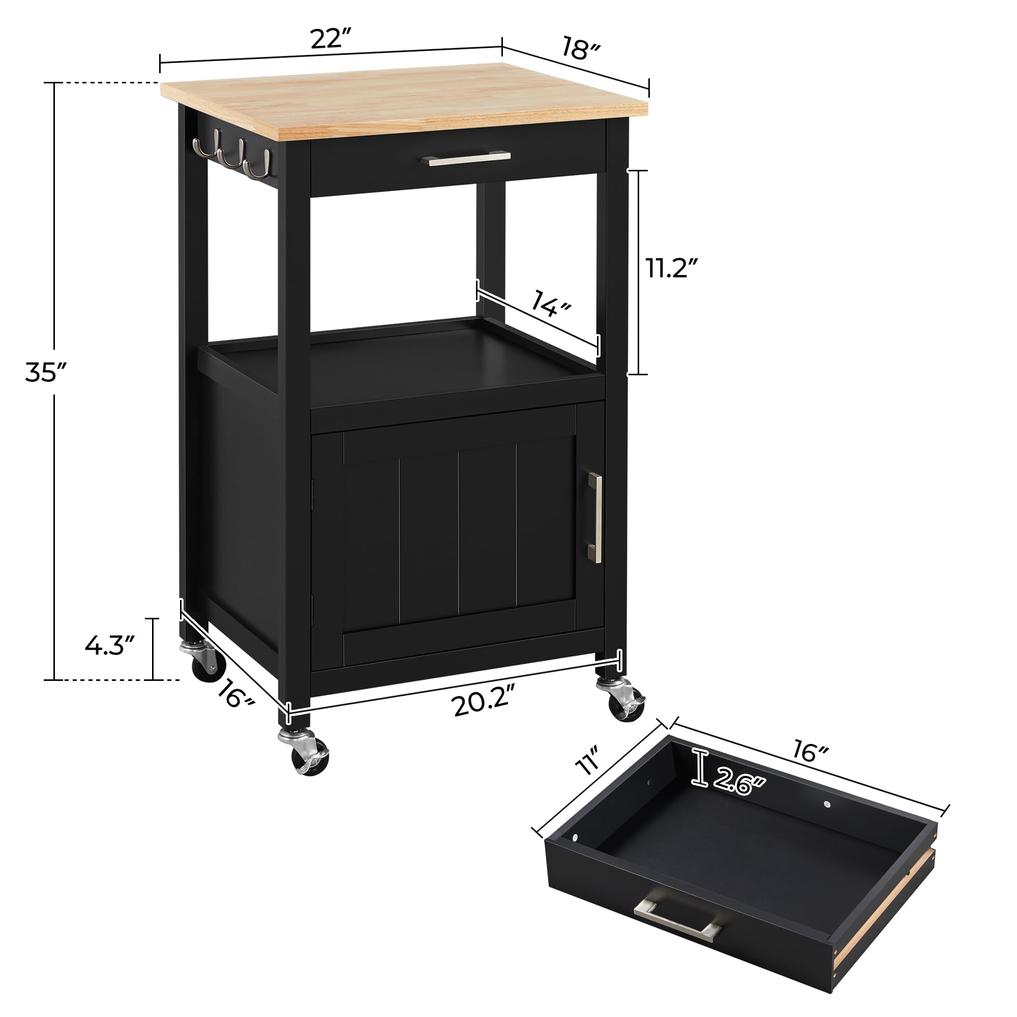 Yaheetech Kitchen Island Cart with Storage, Rolling Kitchen Island on Wheels with 6 Side Hooks, Wood Top Microwave Cart with Drawer for Dining Room, Black