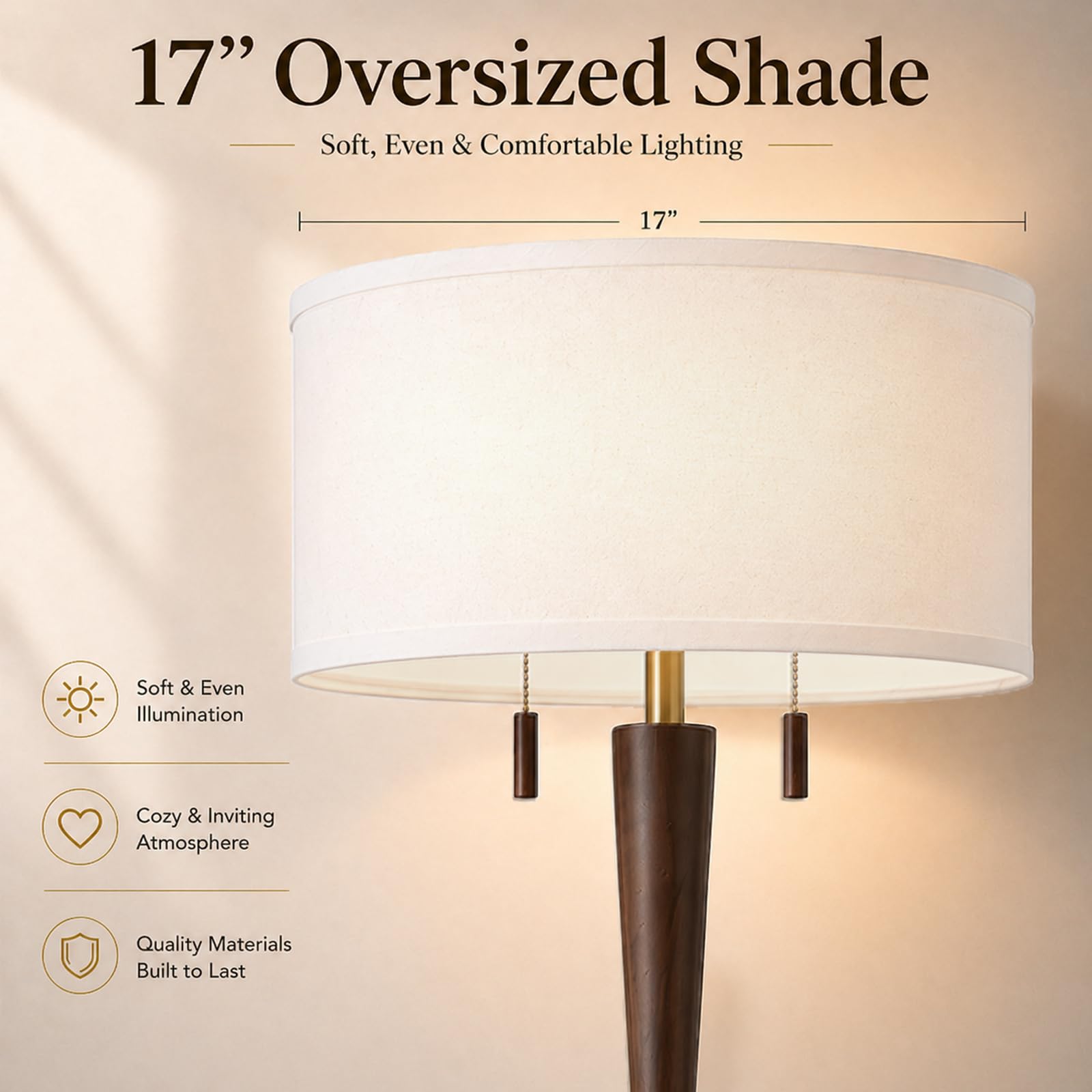 MOFFE 62.8" Solid Oak Wood Floor Lamp, Tall Standing Lamp with 2-Light Pull Chains, 17" White Linen Drum Shade, Sculptural Wood Base & Stem, Includes 2 LED Bulbs for Living Room, Bedroom, Office