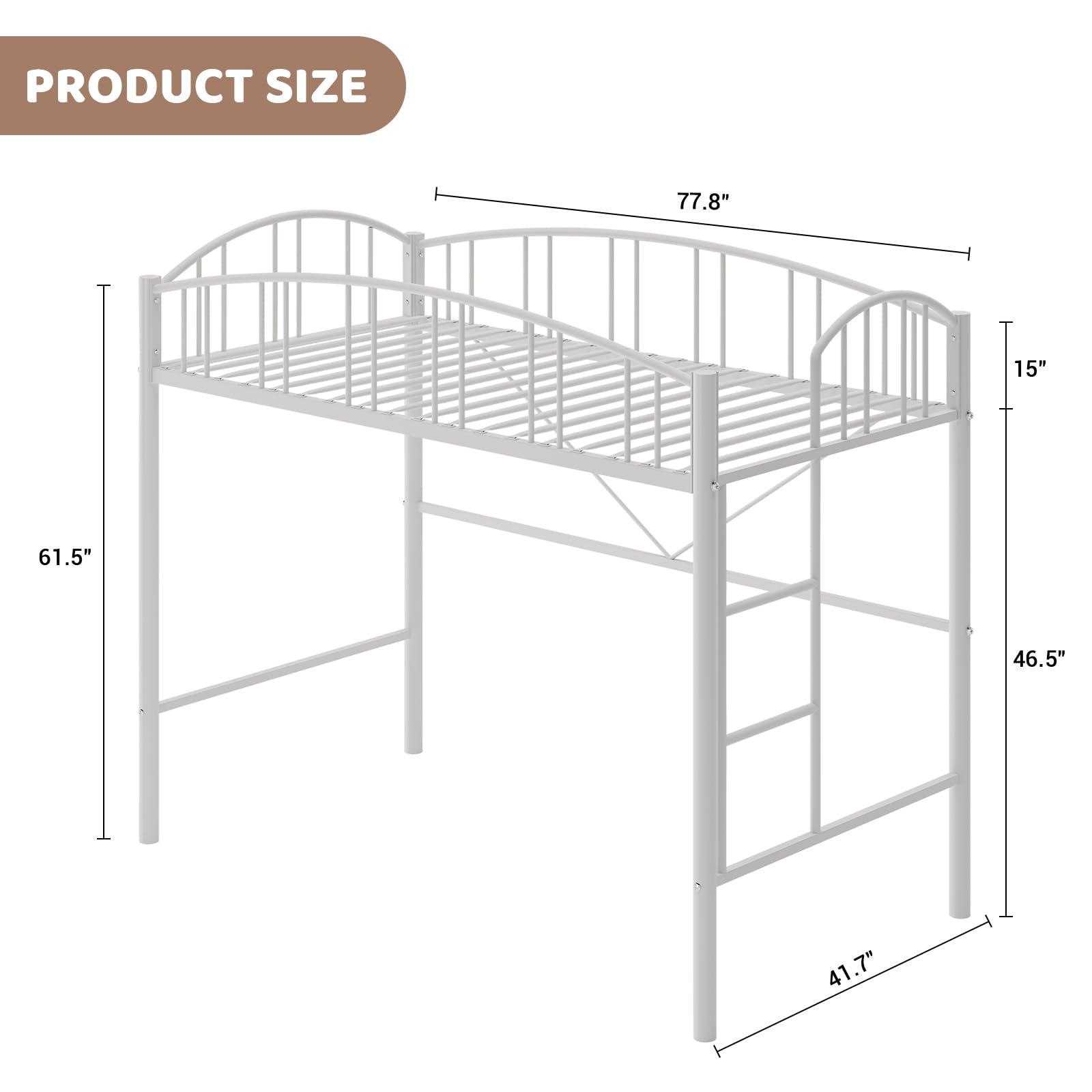 Twin Size Metal Loft Bed Frame with Arched Guardrail & Safety Ladder
