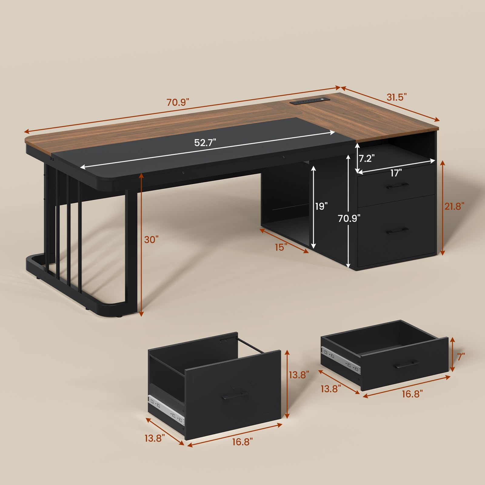 70.9" Executive Desk with Power Outlet, Drawers & File Cabinet