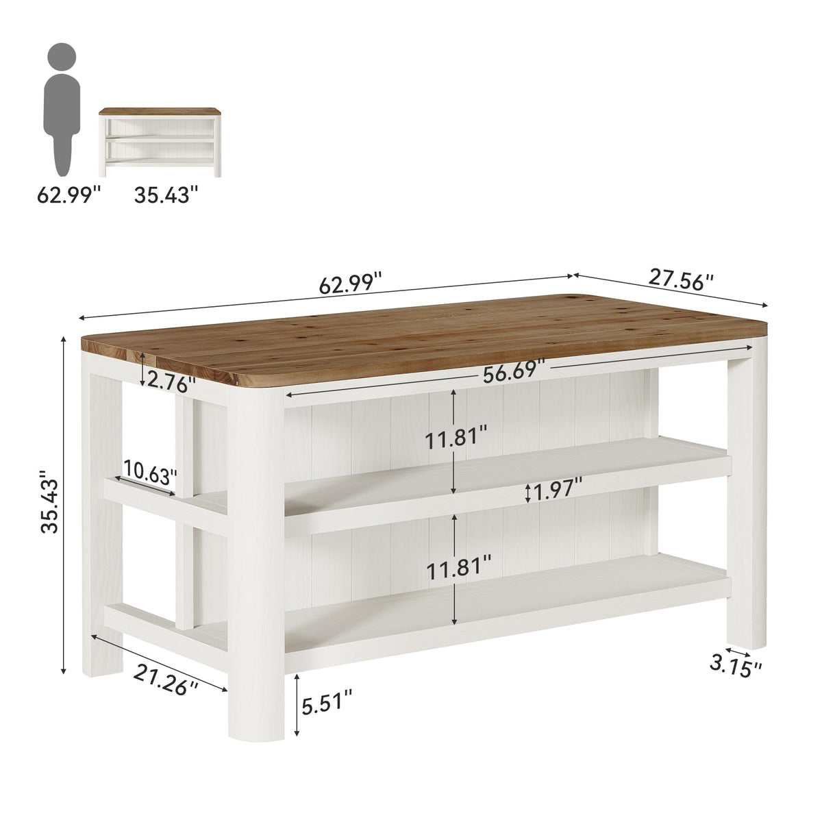 Solid Wood Kitchen Island with Shelves