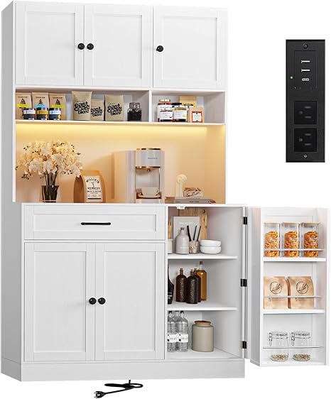 Tall Kitchen Pantry Cabinet with LED Light & Charging Station