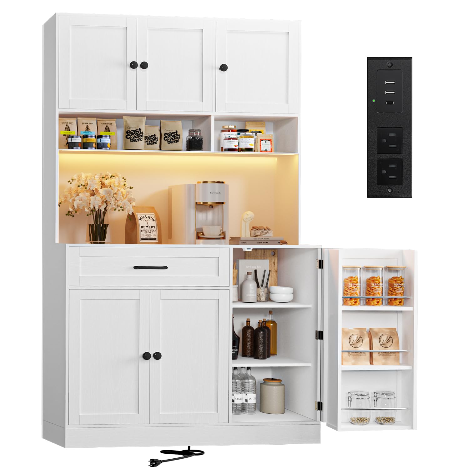 FJTJBSI 72" Kitchen Pantry Cabinet with LED Light and Charging Station Tall Pantry Storage Cabinet with Adjustable Shelves and Door Shelves Modern Kitchen Hutch with Microwave Stand and Countertop