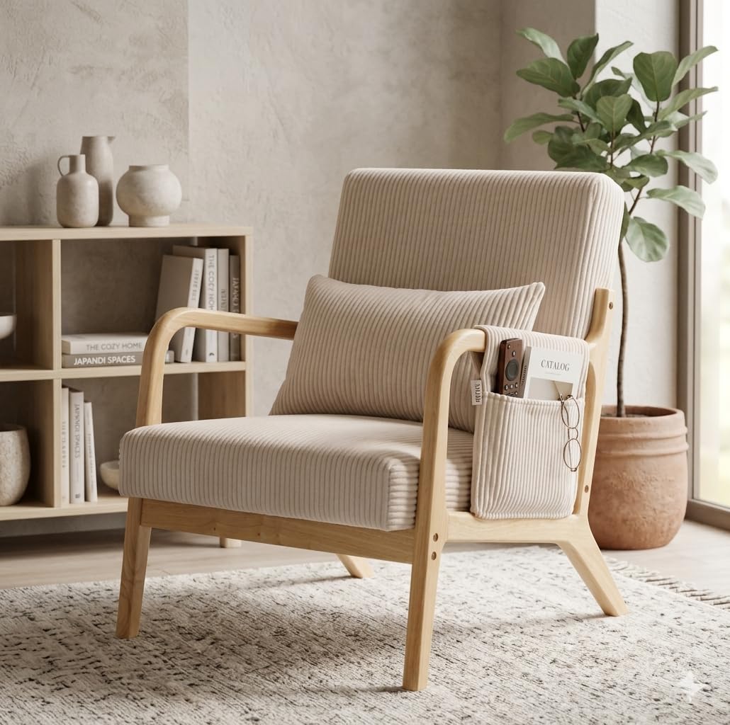 Beige Corduroy Accent Chair with Pocket