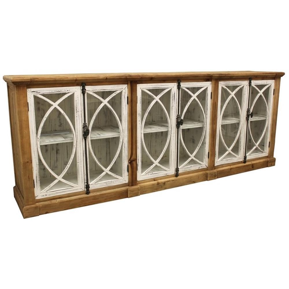 Pemberly Row Solid Wood 6 Door Sideboard, Glass Inserts, Natural Finish, 43" H x 113" W x 20" D, Lockable Doors, Wine Cellar Style Knobs, Buffet Table for Dining Room Storage