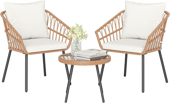 Tangkula 3 Piece Patio Bistro Set, PE Rattan Conversation Chairs with Round Glass Table & Soft Cushions, Outdoor Patio Furniture Set with Metal Frame for Balcony, Garden (Off White, 16.5 × 15.5 Inch)