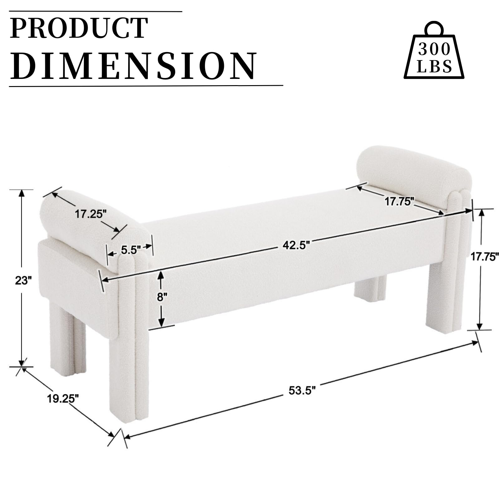 ROCITY White Boucle End of Bed Bench 53 Inch Long Ottoman Sherpa Padded Upholstered Modern Bench for Bedroom/Living Room/Foyer/Entryway
