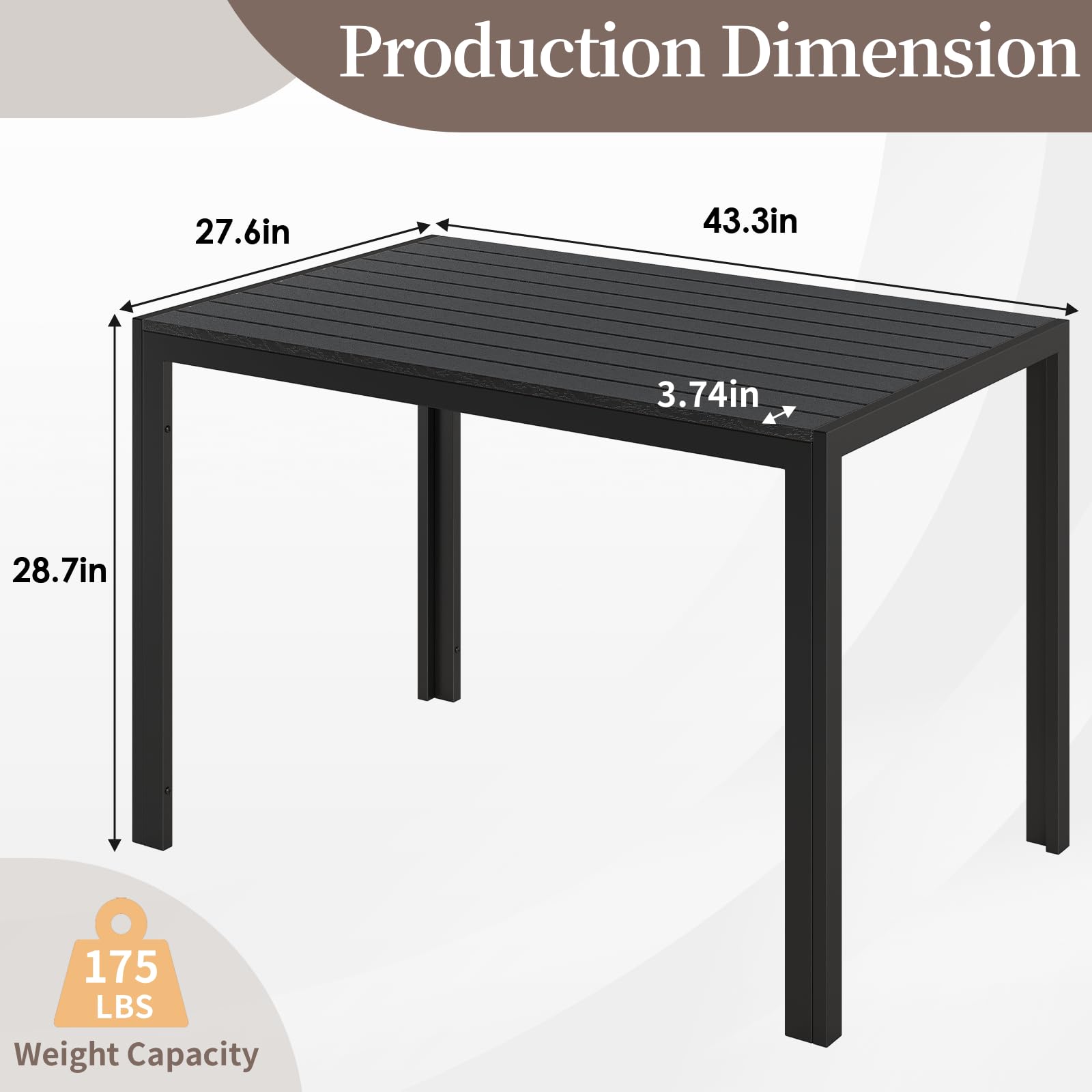 LIFERUN Outdoor Patio Table for 4-6 Person, 43×28in Rectangle Outdoor Dining Table with Wooden-Like Top and Aluminum Frame, Heat and Weather Resistant, Ideal for Garden, Patio, Poolside, Porch, Black