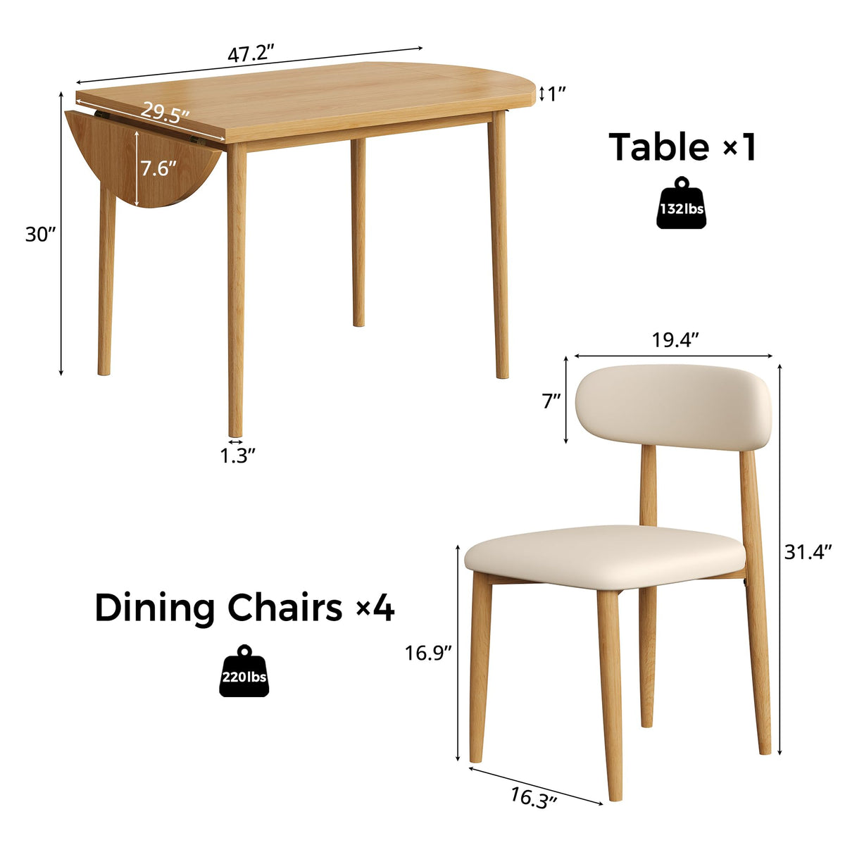 IRONCK Dining Table Set for 4, 55" Drop Leaf Desk, Natural Wood