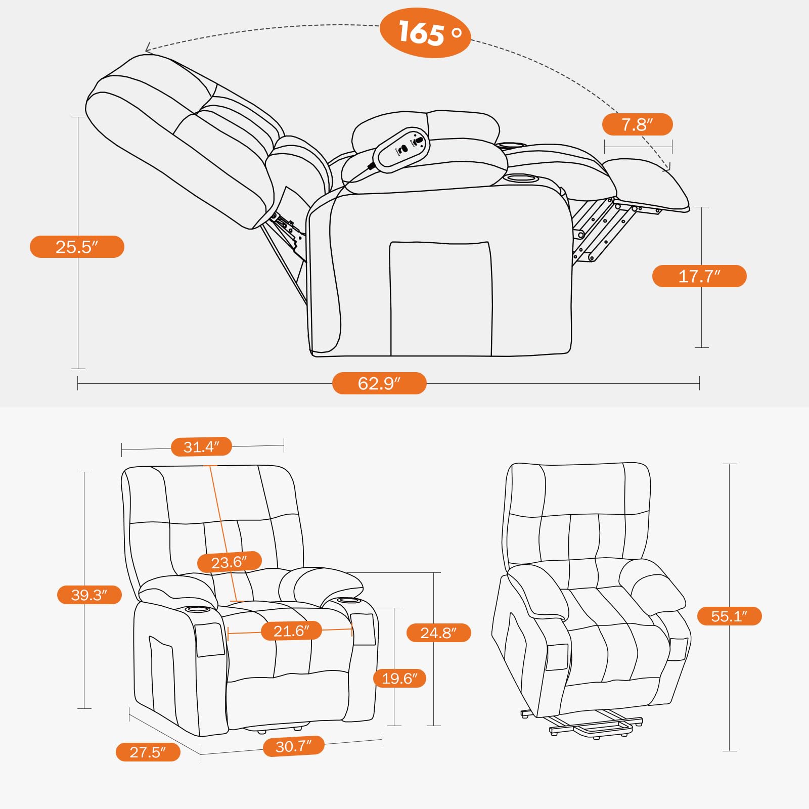 Sweetcrispy Power Lift Recliner Chair with Vibration Massage and Heat for Adults, Ergonomic Overstuffed Breathable Fabric Reclining Chair with Side Pockets, Remote Control, Living Room, Bedroom, Brown