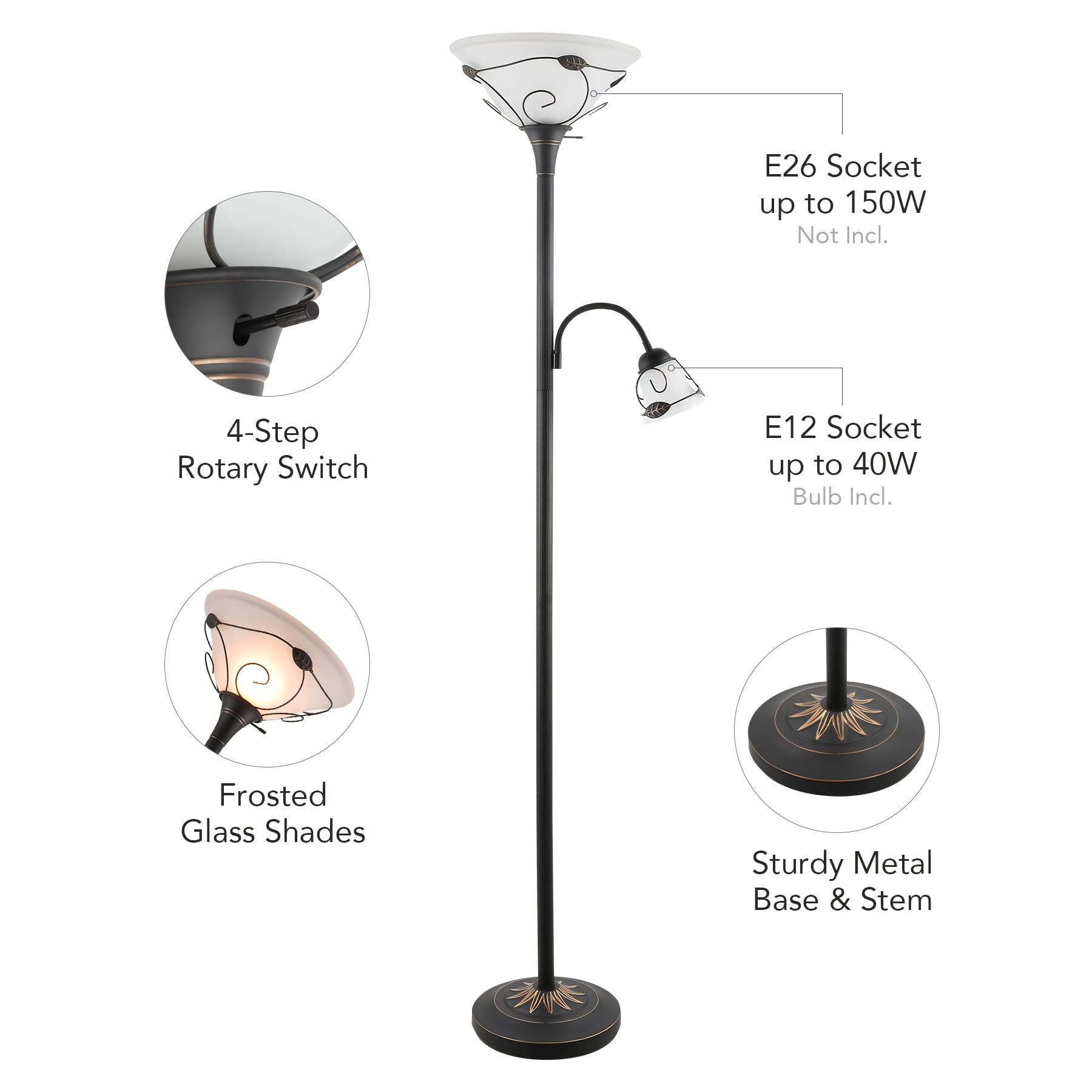VONLUCE Torchiere Floor Lamp with Side Reading Light, 3-Way Switch Combo Antique Bronze Mother Daughter Floor Lamp with Glass Shade, 71" Desk Floor Lamp for Living Room Corner Bedroom Home Office