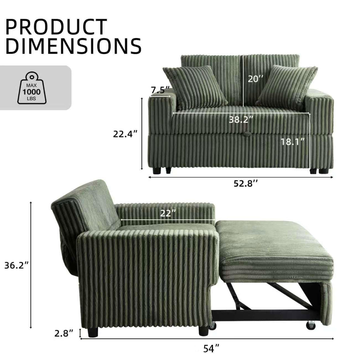 3-in-1 Corduroy Loveseat Sofa Bed