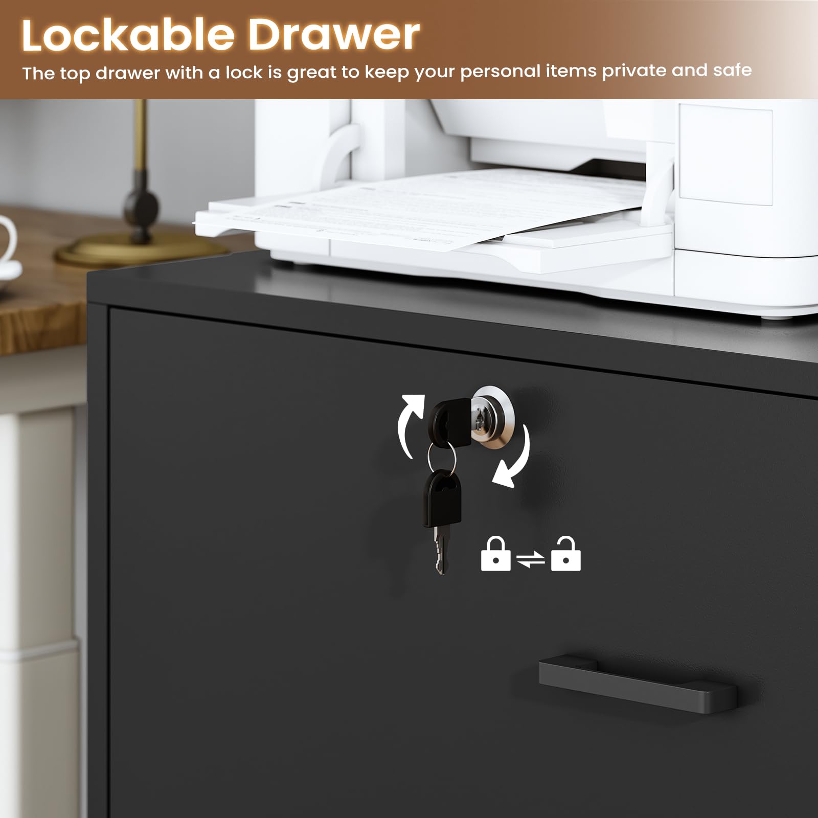 2-Drawer File Cabinet with Lock, Charging Station & Bookshelf