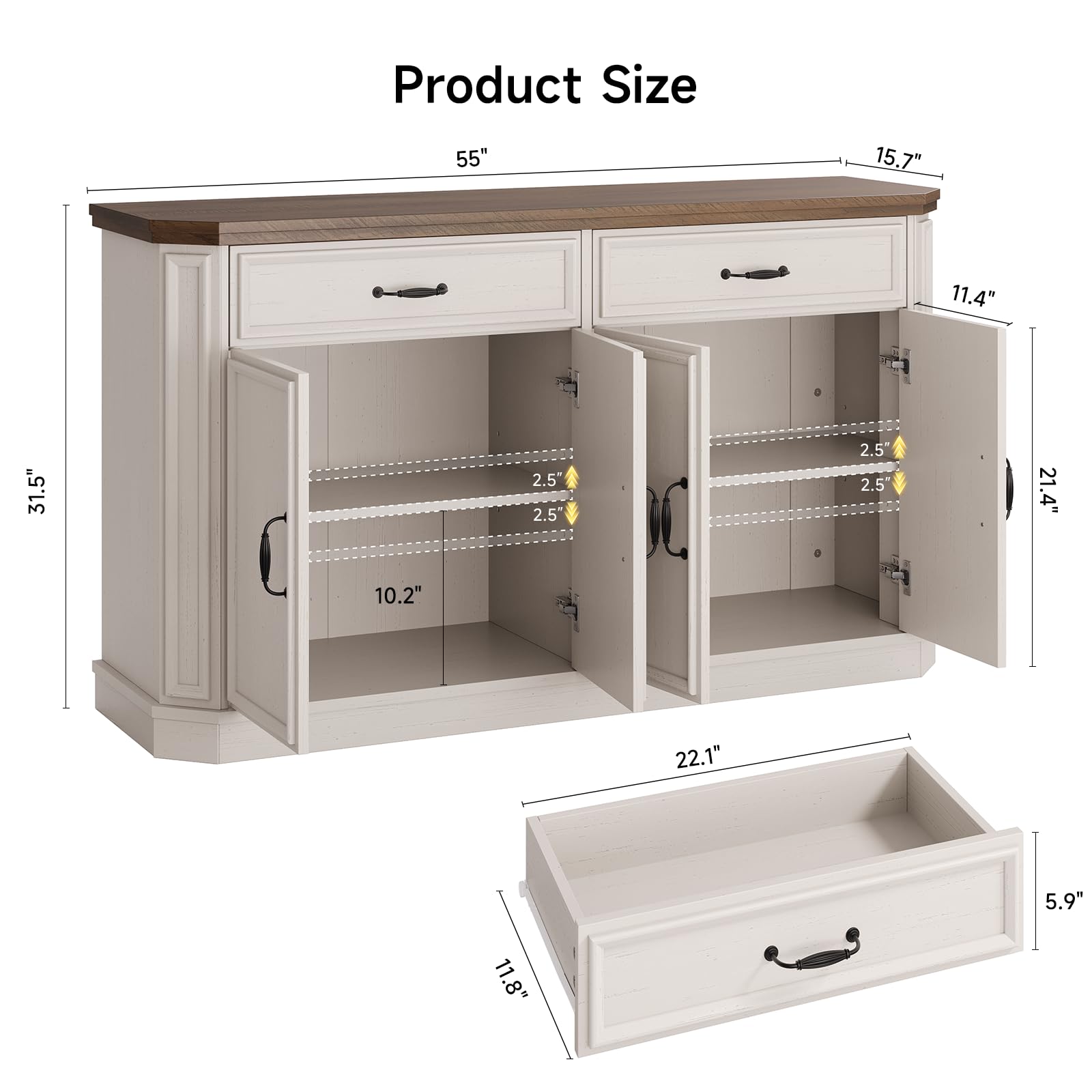 55" Sideboard Buffet Cabinet with Drawers & Adjustable Shelves