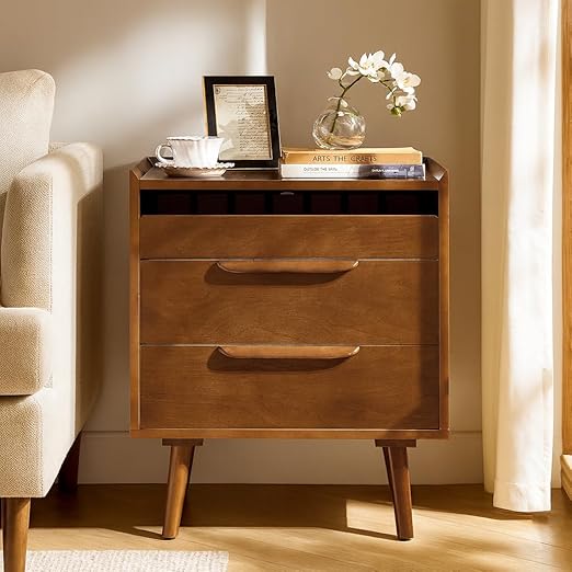 Mid-Century End Table with Charging Station & 3 Drawers