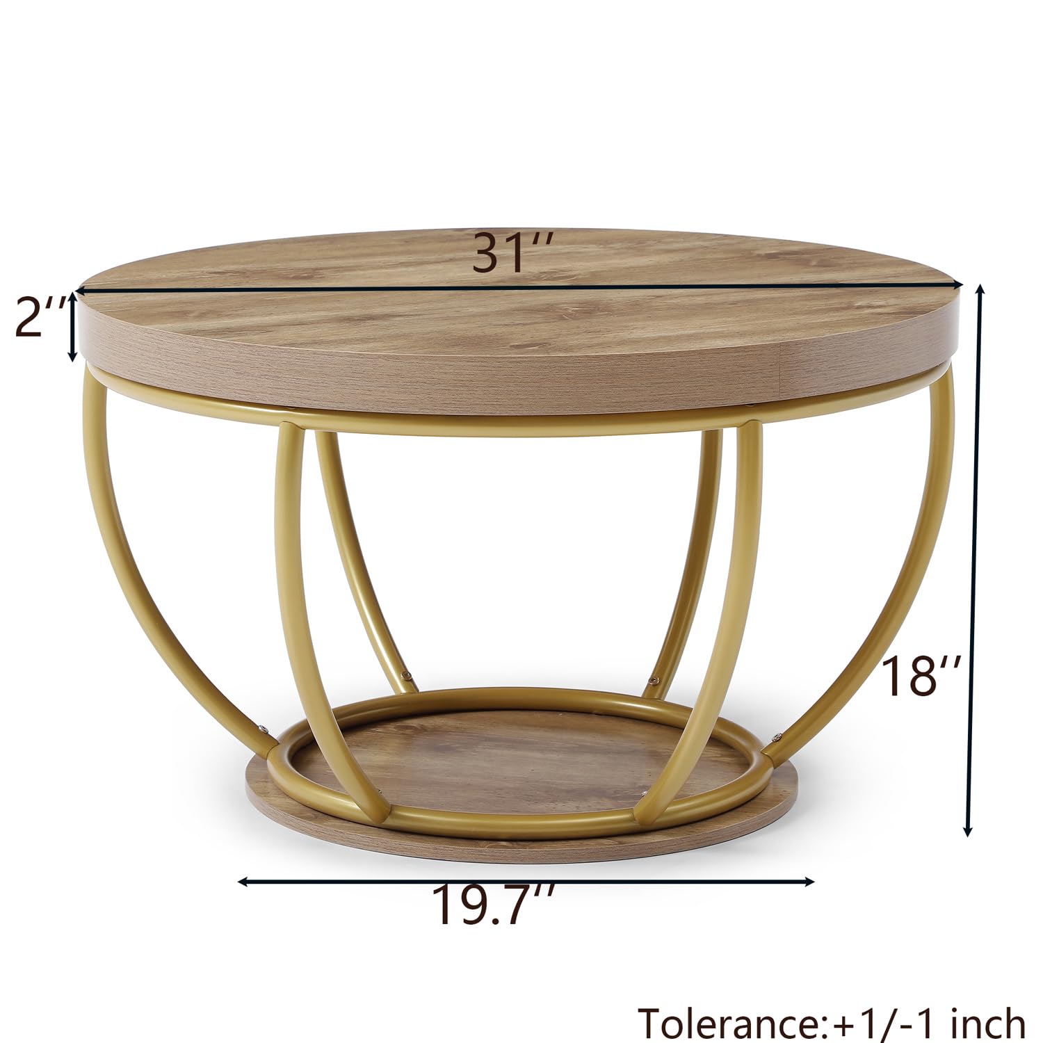 ivoros Round Coffee Table, 31" Circle Coffee Table for Living Room, 2-Tier Wood Coffee Table with Open Storage Shelf, Industrial Accent Center Table for Home Office Apartment (Gold Leg)