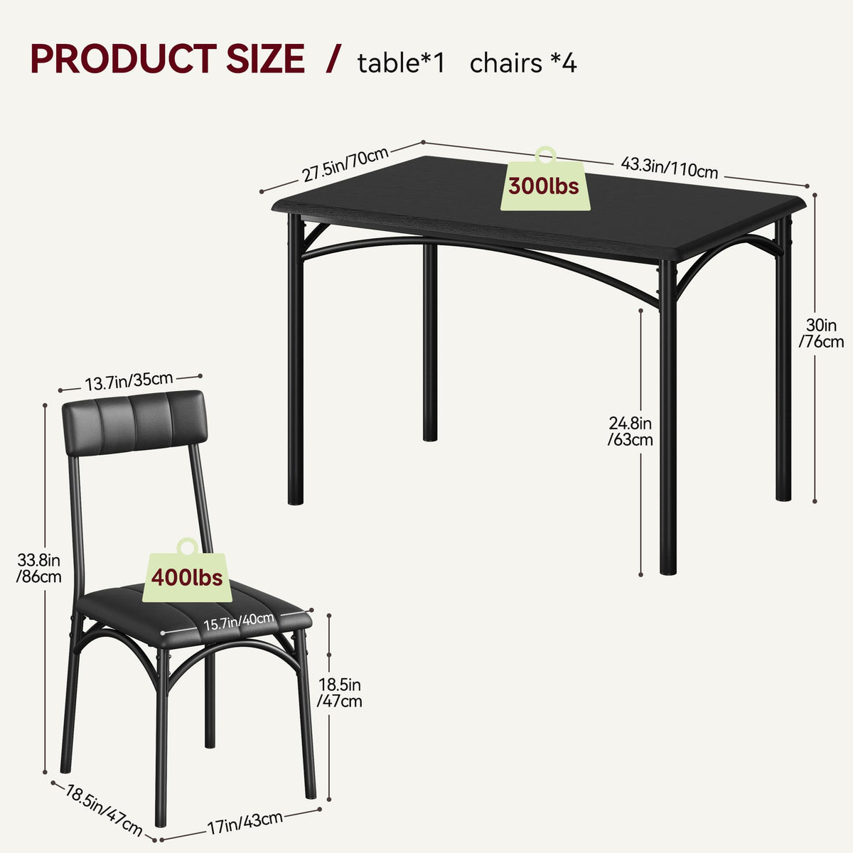 Takywep Farmhouse Dining Table Set for 4, Compact 5-Piece Wooden Kitchen Table with 4 Padded Chairs, Small Rectangular Table and Chairs Set of 4, Ideal for Apartments and Small Living Spaces, Black