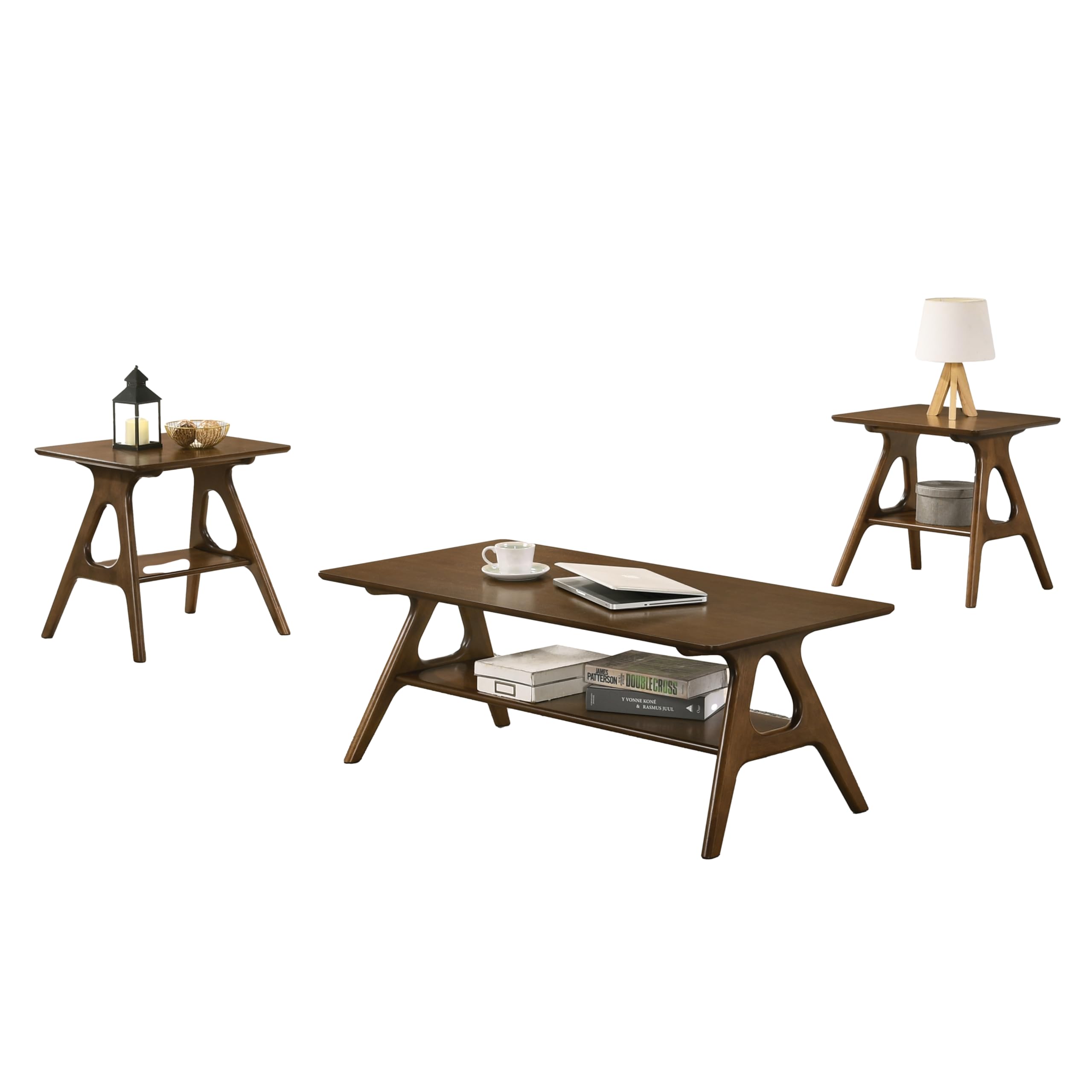 Roundhill Furniture Arona 3-Piece Coffee Table Set, Coffee Table and Two End Tables, Walnut