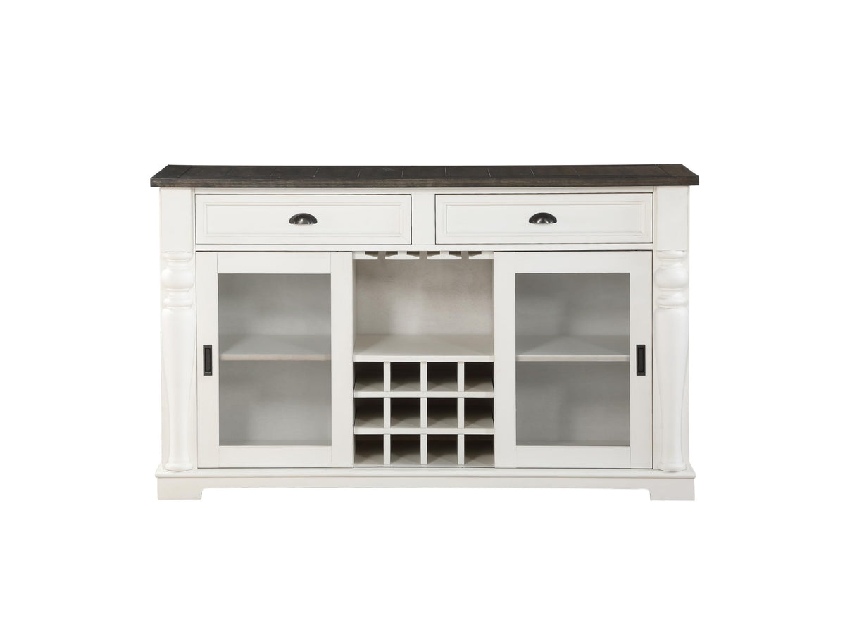 Steve Silver Furniture Joanna Two-Tone Server, Farmhouse Design, Sliding Glass Doors, Wine Rack, Bottle Storage Rack, Two Storage Shelves, Ktichen, 19" D x 60" W x 36.5" H, Ivory, White