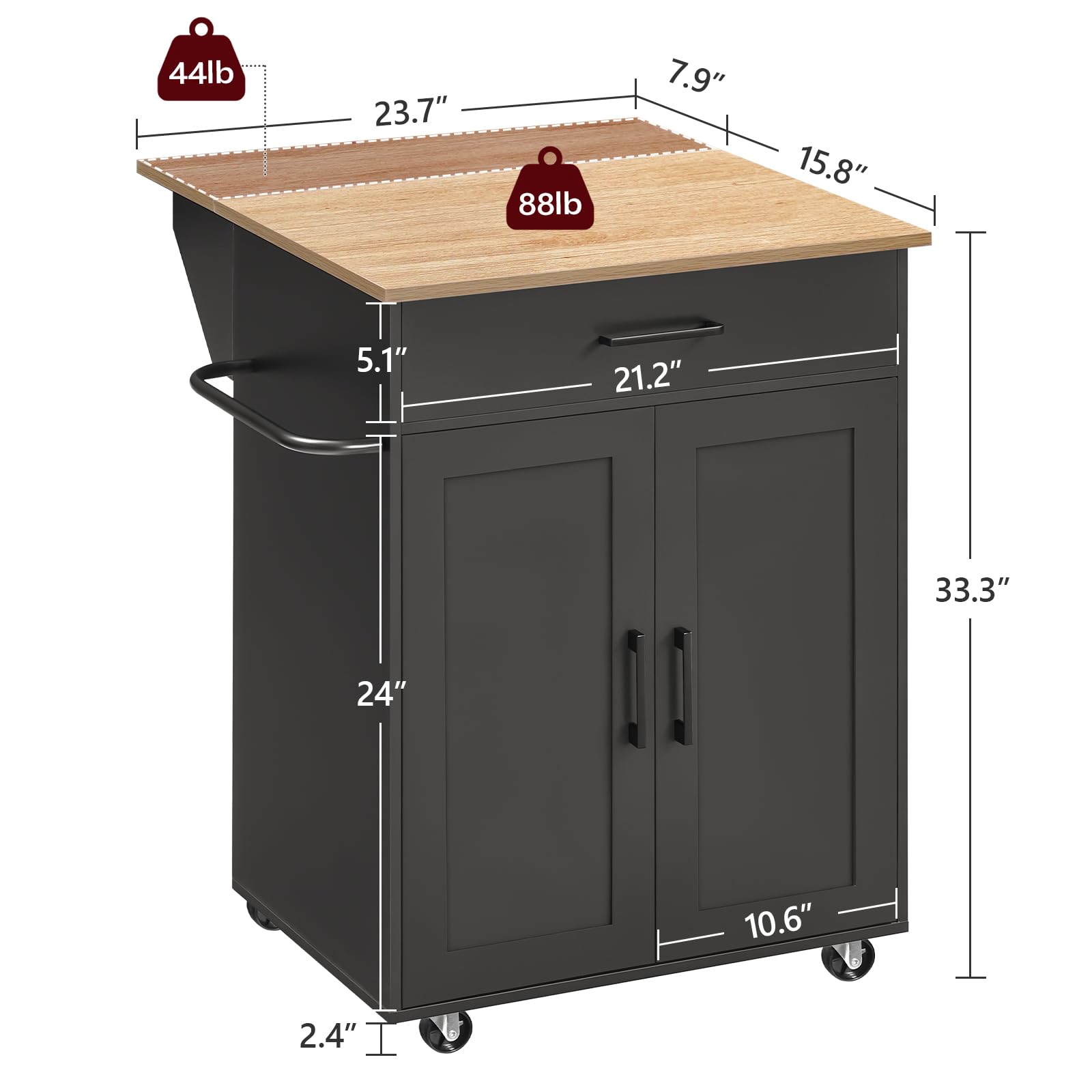 MAHANCRIS Kitchen Island on Wheels with Drop Leaf, Folding Countertop Kitchen Island Cart, Kitchen Islands Table with Towel Rack, Drawer, for Kitchen, Dining Room, Black and Natural KINB12501