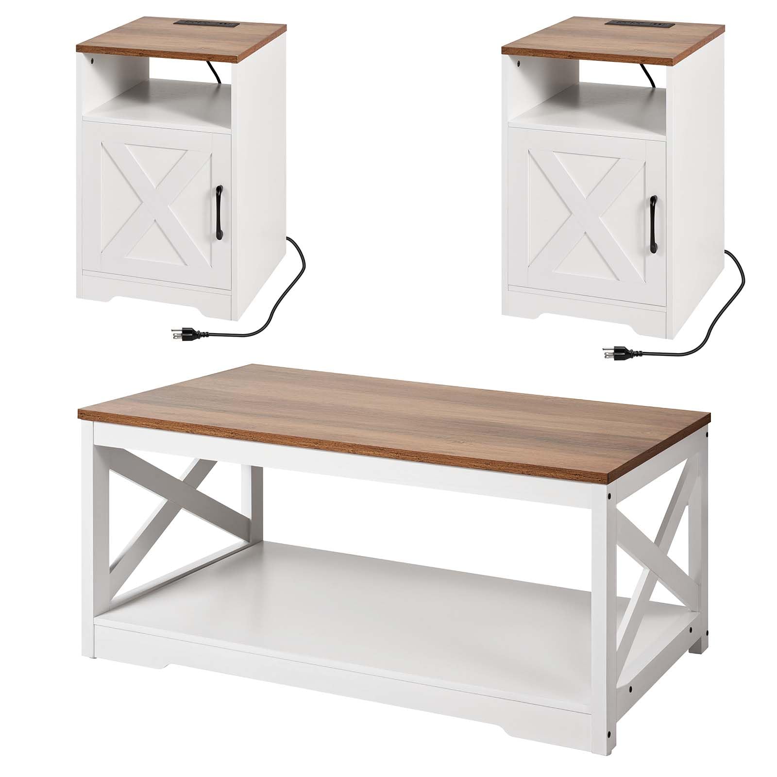 3-Piece Farmhouse Coffee Table Set with Charging Station