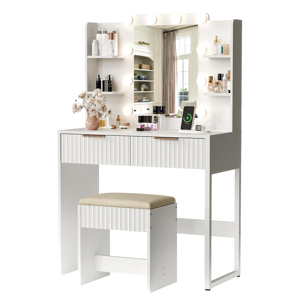 VINGLI Fluted Makeup Vanity Desk with Mirror and Lights and Stools, Small Vanity Table with Bench Chair & 2 Drawers & 4 Storage Shelves, White Dressing Table Set for Girls Bedroom