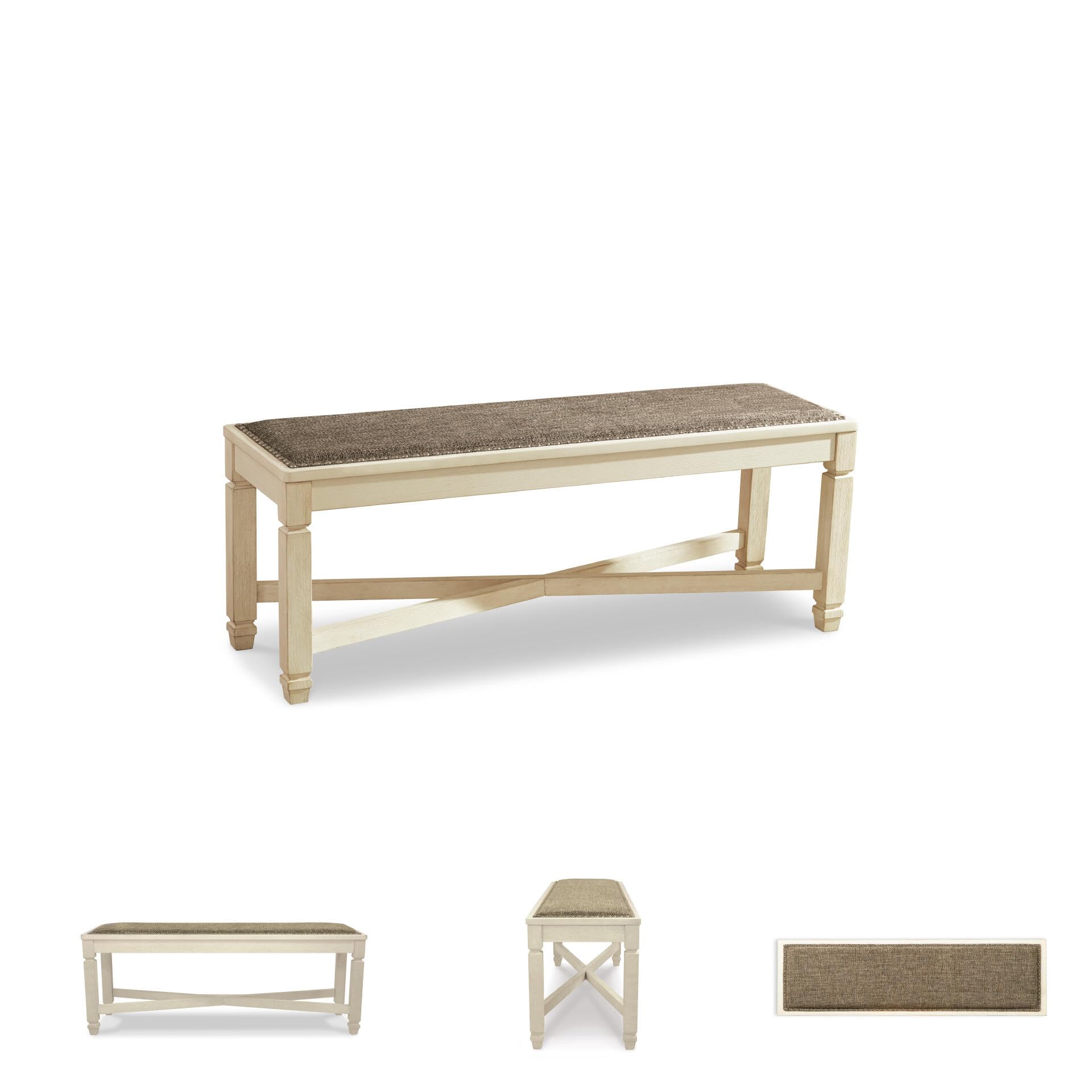 Signature Design by Ashley Bolanburg Casual French Country Upholstered Dining Room Bench with Nailhead Trim, Heavy Woven Fabric, Wood, Antique White & Tan