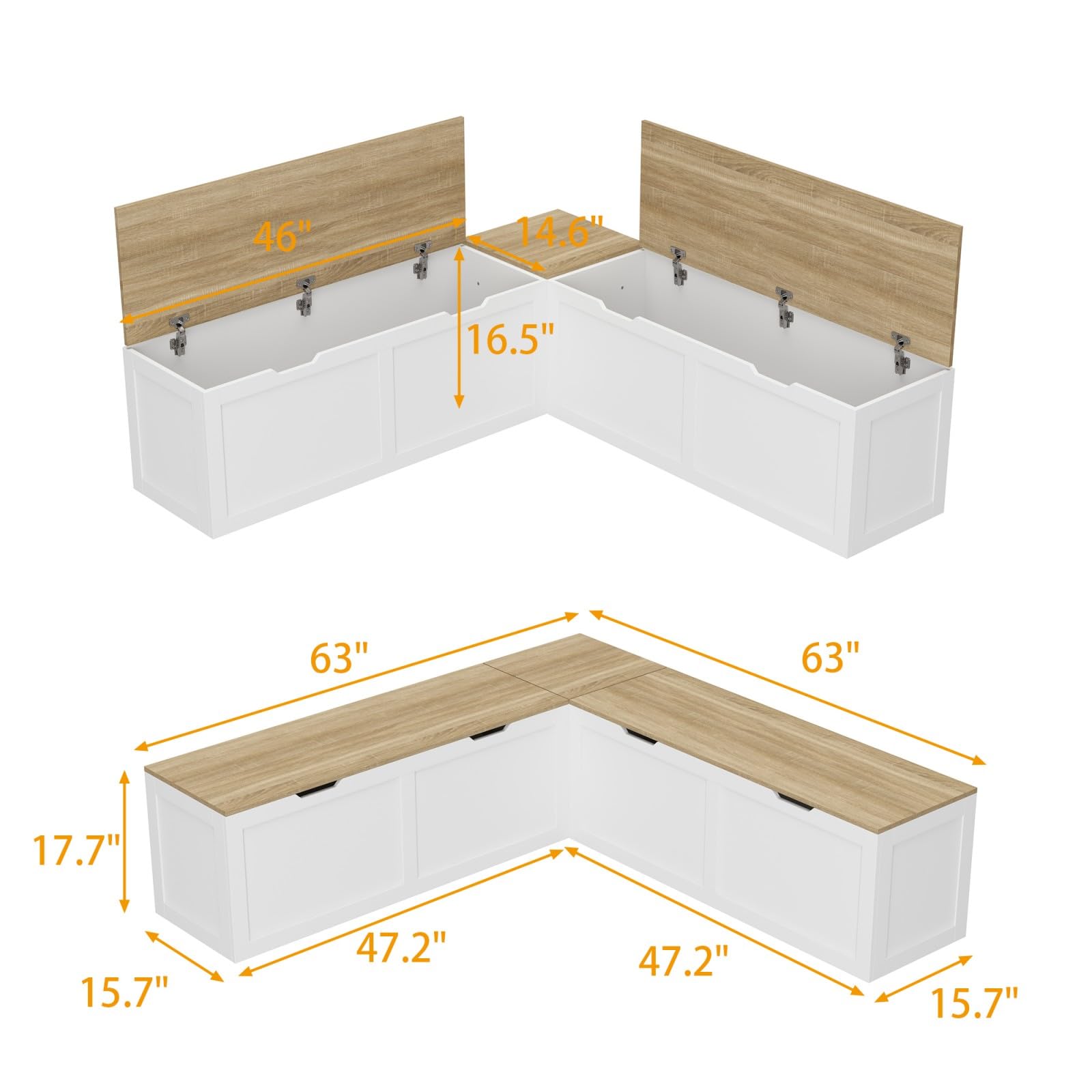 TAMUNE L Shaped Breakfast Nook Bench with Hidden Storage, 63 Inch Corner Dining Bench for Small Kitchen, Breakfast Nook Set for Dining Room, Entryway, Oak 63”L x 63”W x 17.7”H